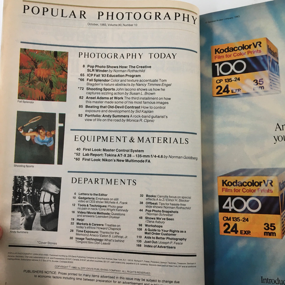 Interior page of Popular Photography Magazine from October 1983, showcasing contents including 'Photography Today' and equipment reviews with featured articles.