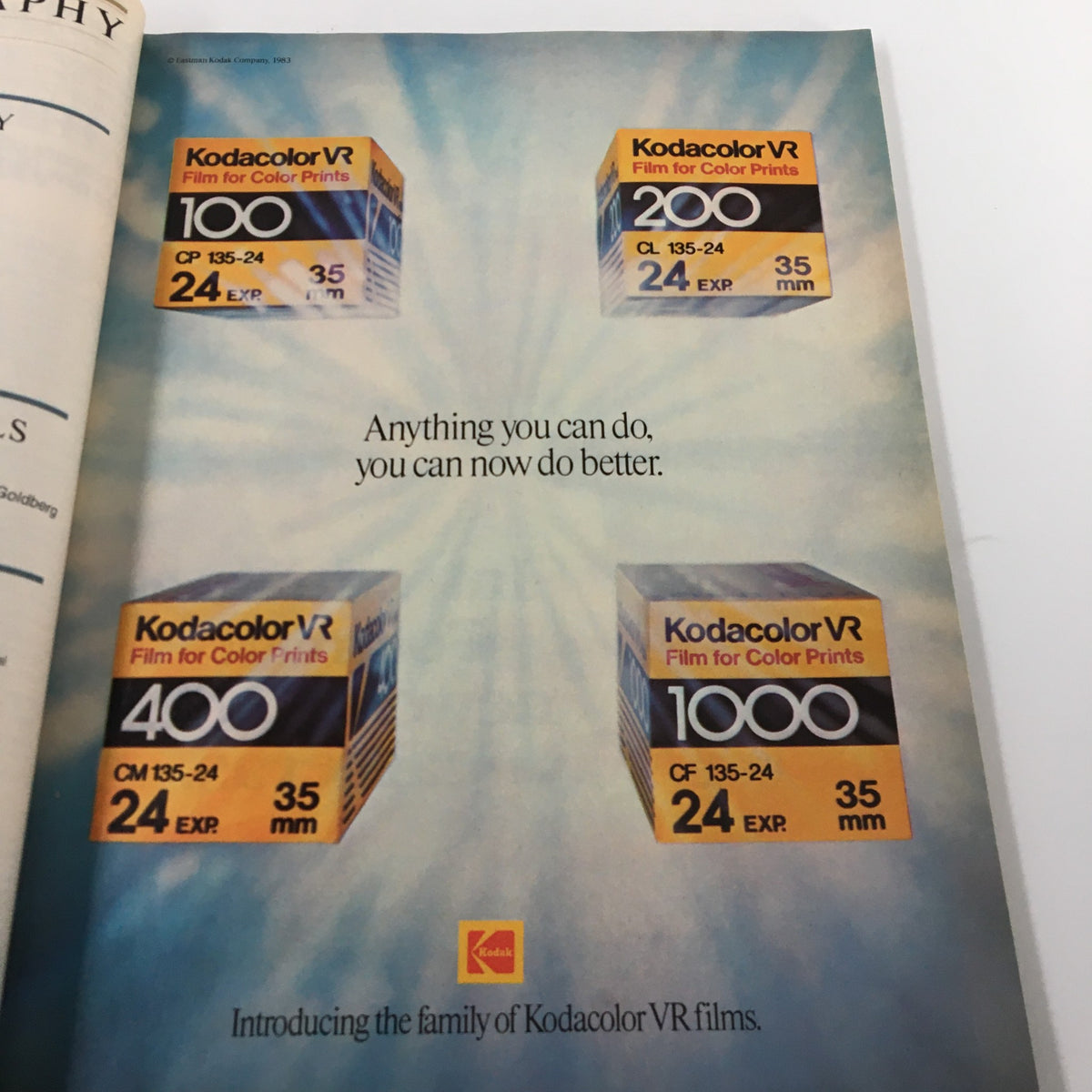 Advertisement from Popular Photography Magazine October 1983 promoting Kodakolor VR film options with various ISO ratings and the tagline about improving photography.