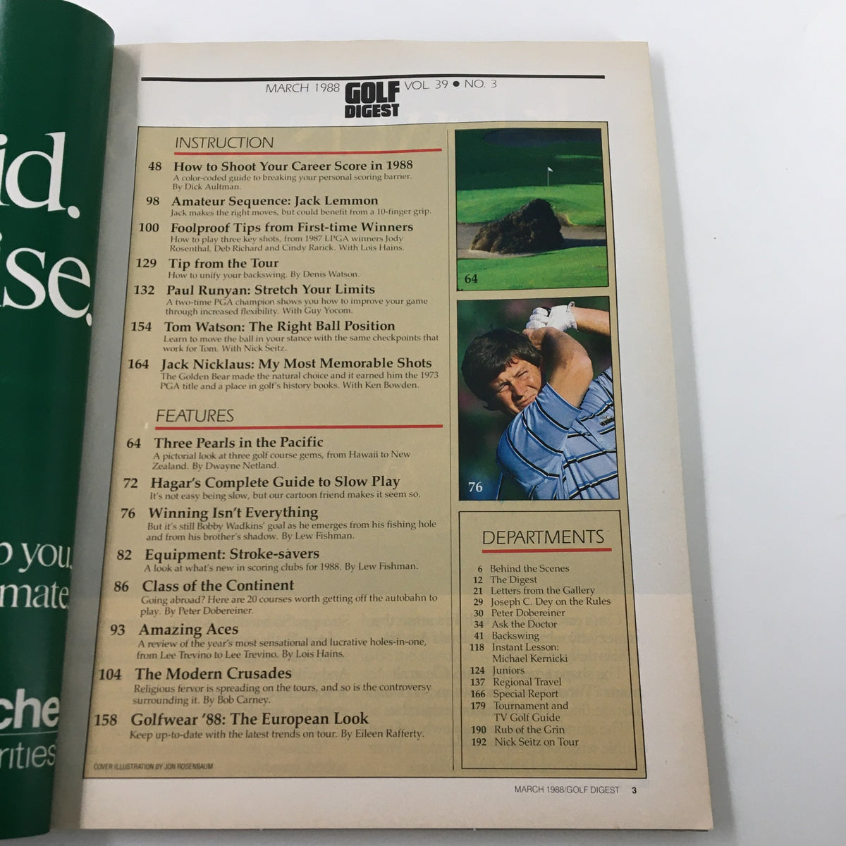 Interior page of Golf Digest Magazine from March 1988 detailing various articles including 'How to Shoot Your Career Score in 1988' and 'Jack Nicklaus' Most Memorable Shots', showcasing insights for golfers.