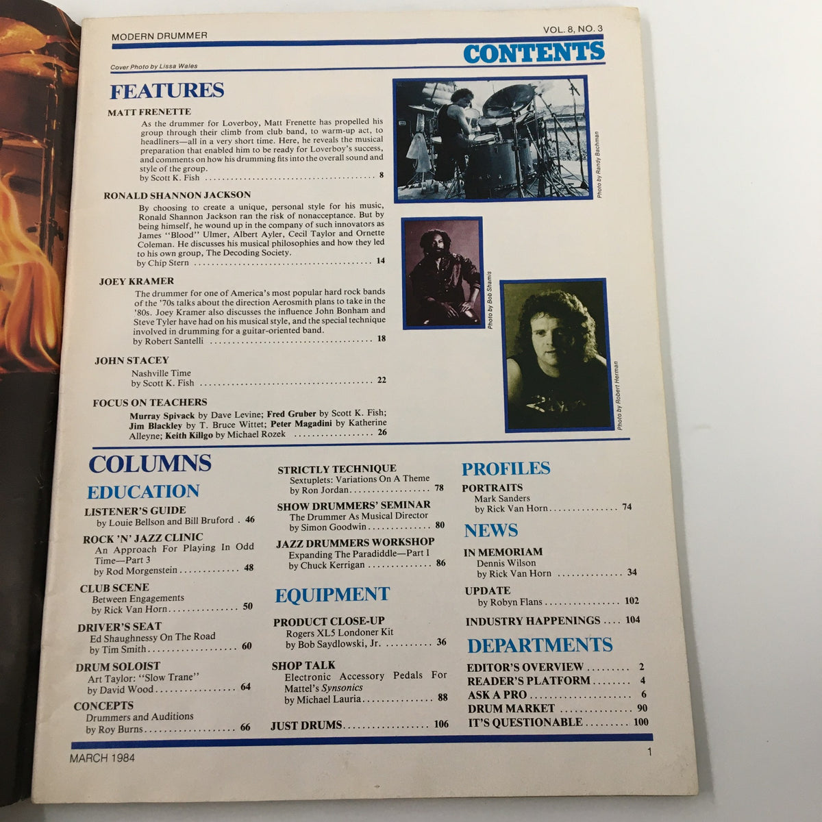Contents page of Modern Drummer Magazine March 1984, featuring articles on Matt Frenette, Joey Kramer, and other drumming-related content.