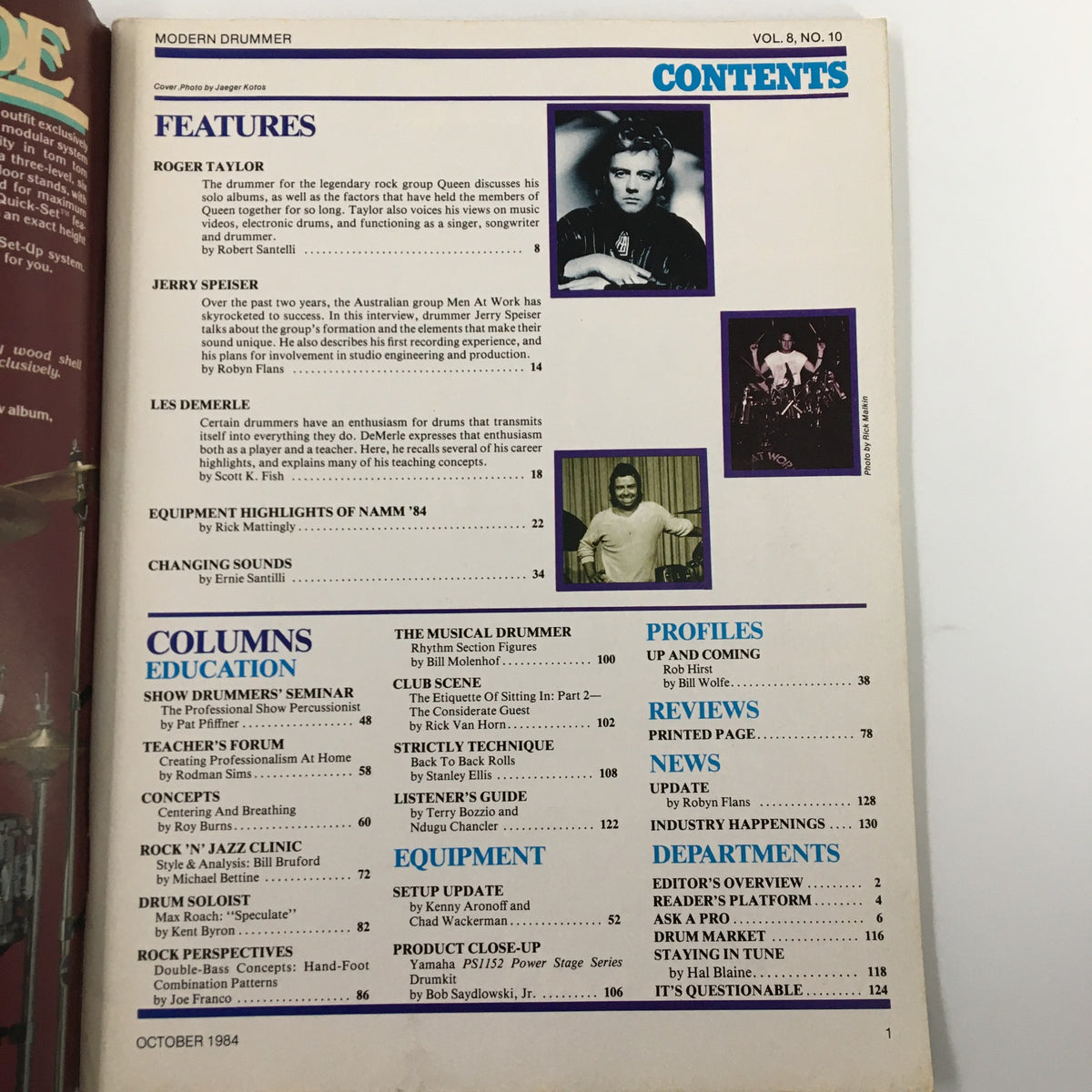 Inside page of VTG Modern Drummer Magazine October 1984 displaying the contents, including features on Roger Taylor, Jerry Spieser, and Les DeMerle, offering insights into the drumming community of the era.