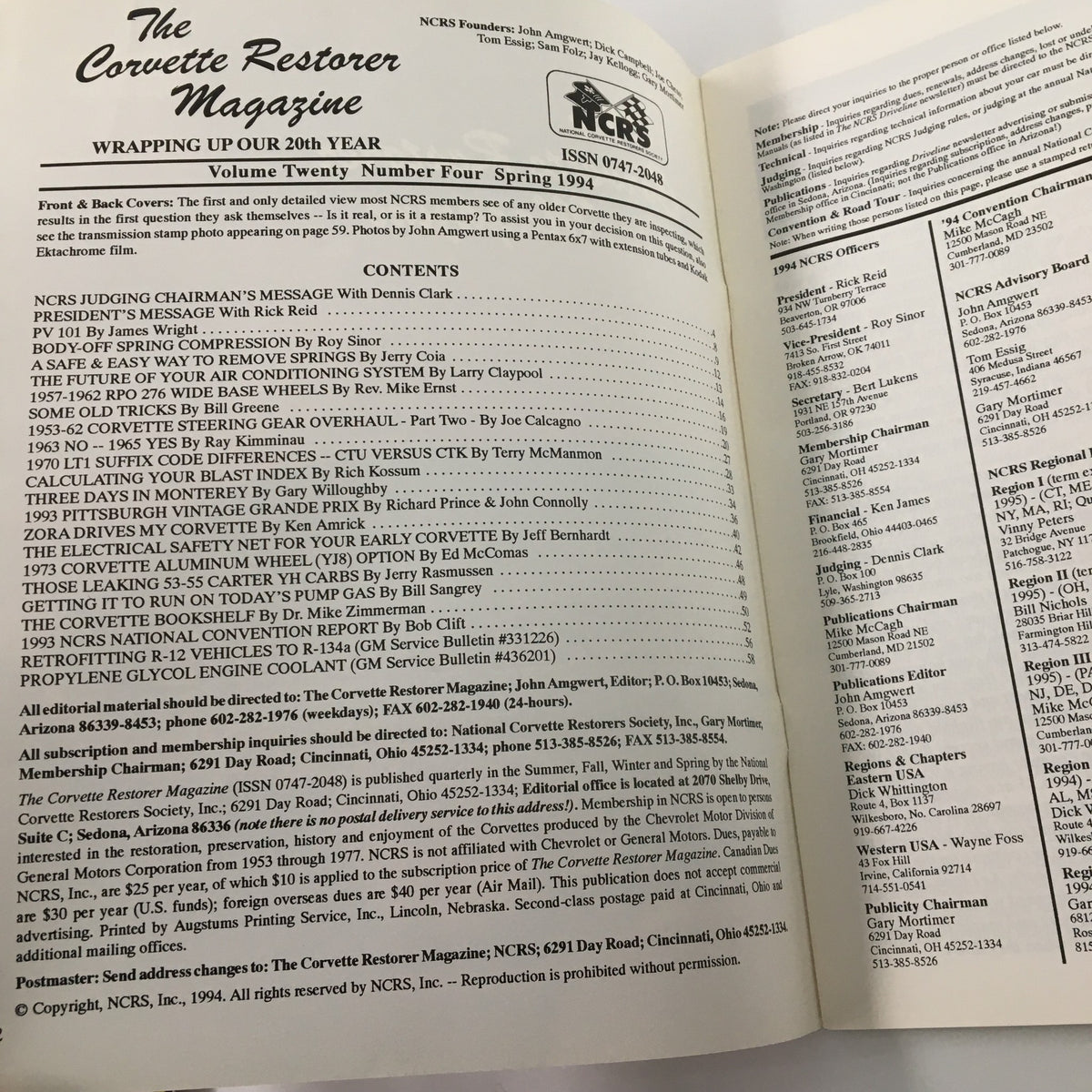 Inside page of The Corvette Restorer Magazine Spring 1994 showing the contents including various articles about Corvette restoration and events for collectors.