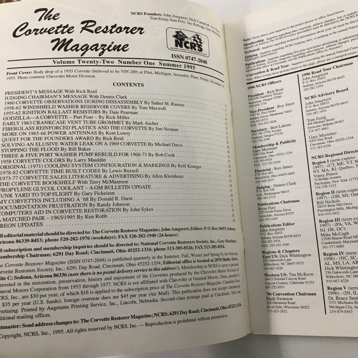 Inside page of The Corvette Restorer Magazine Summer 1995 displaying the contents and editorial notes related to Corvette restoration and history.