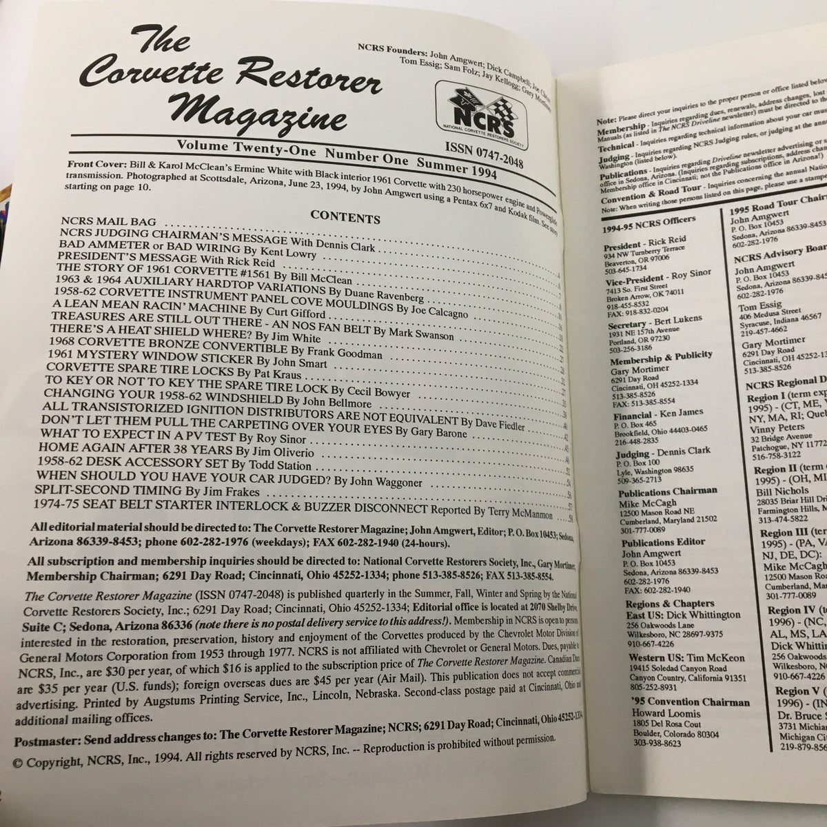 Inside page of The Corvette Restorer Magazine Summer 1994 displaying the article contents and features, highlighting restoration techniques and classic car insights.