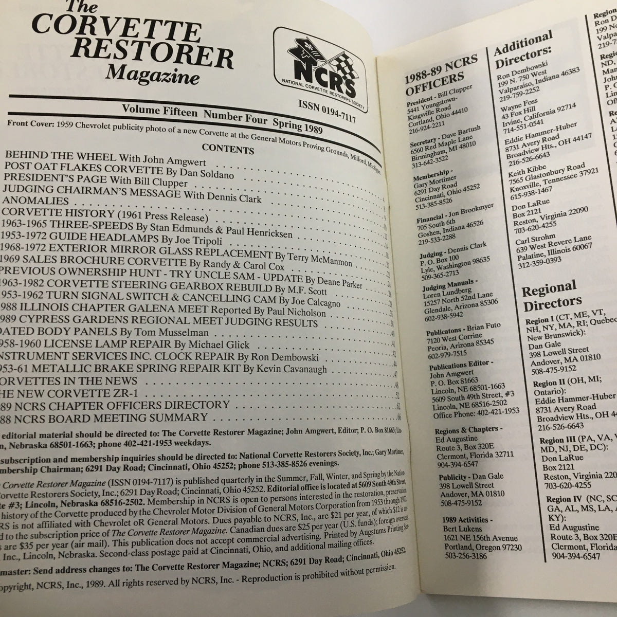 Contents page of The Corvette Restorer Magazine Spring 1989, showcasing articles and topics covered in this issue, including Corvette history and features on the Corvette ZR-1.