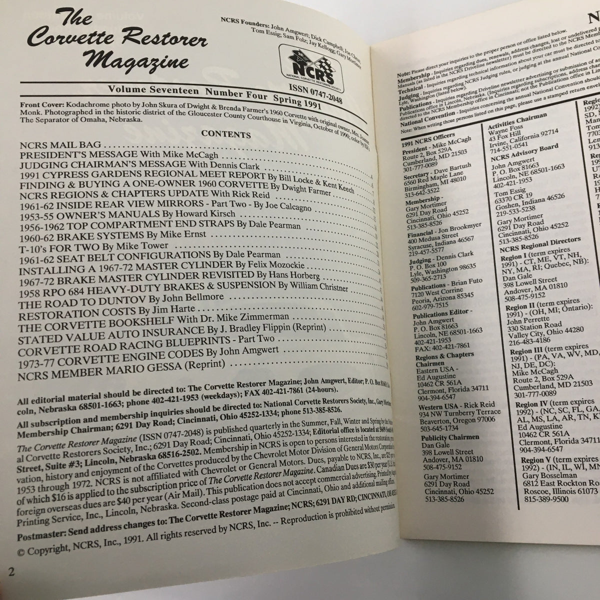 Inside page of The Corvette Restorer Magazine Spring 1991 displaying the contents and editorial information. Volume Seventeen Number Four showcasing articles related to Corvette restoration and maintenance.