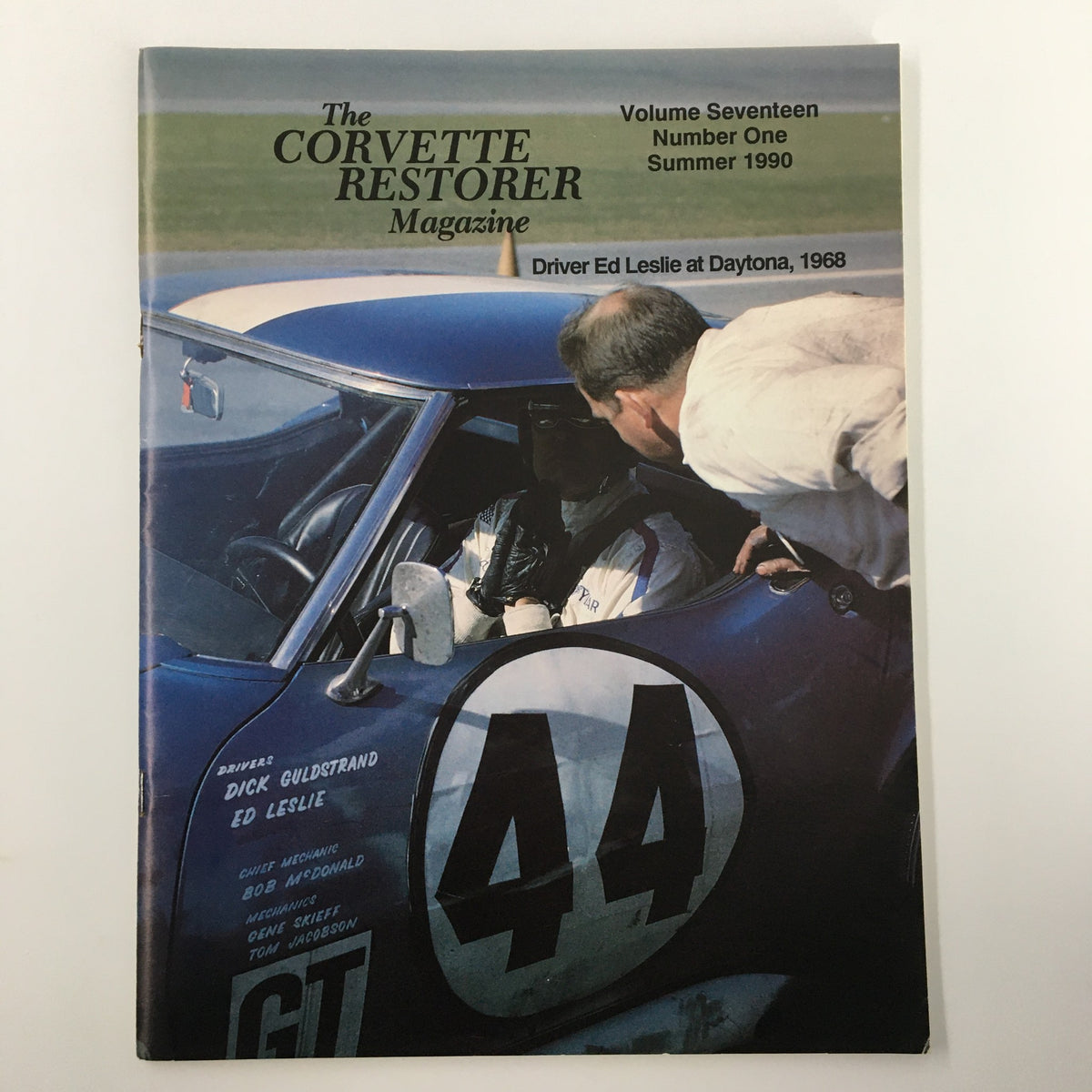 Cover of The Corvette Restorer Magazine Summer 1990 featuring driver Ed Leslie at Daytona 1968, showcasing the iconic Corvette 396 Sting Ray.