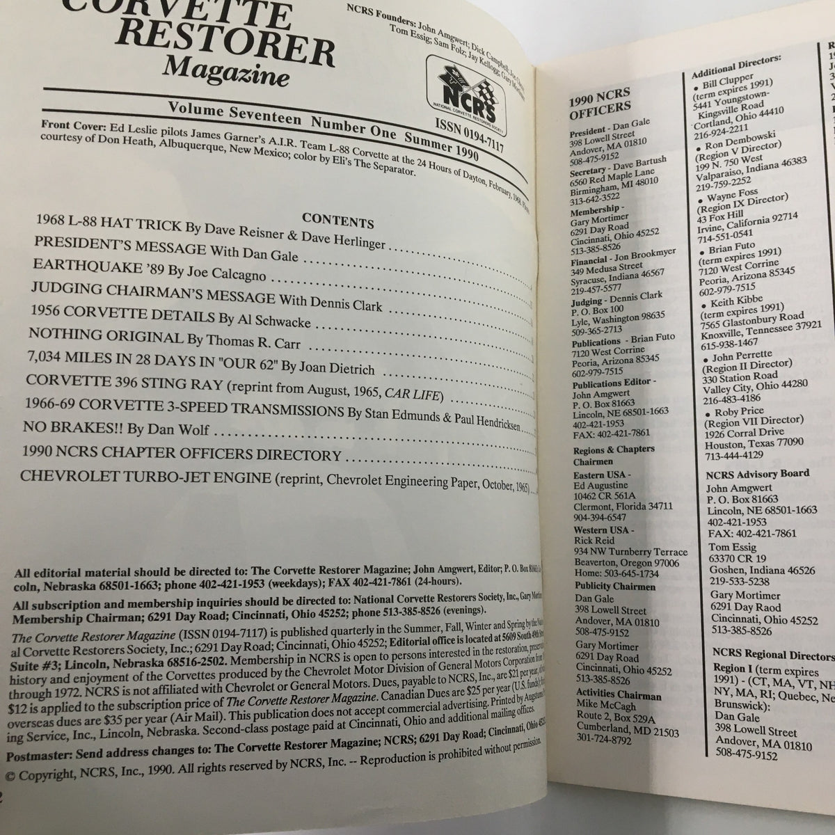 Inside content page of The Corvette Restorer Magazine Summer 1990, detailing articles and features including Corvette specifications and history.