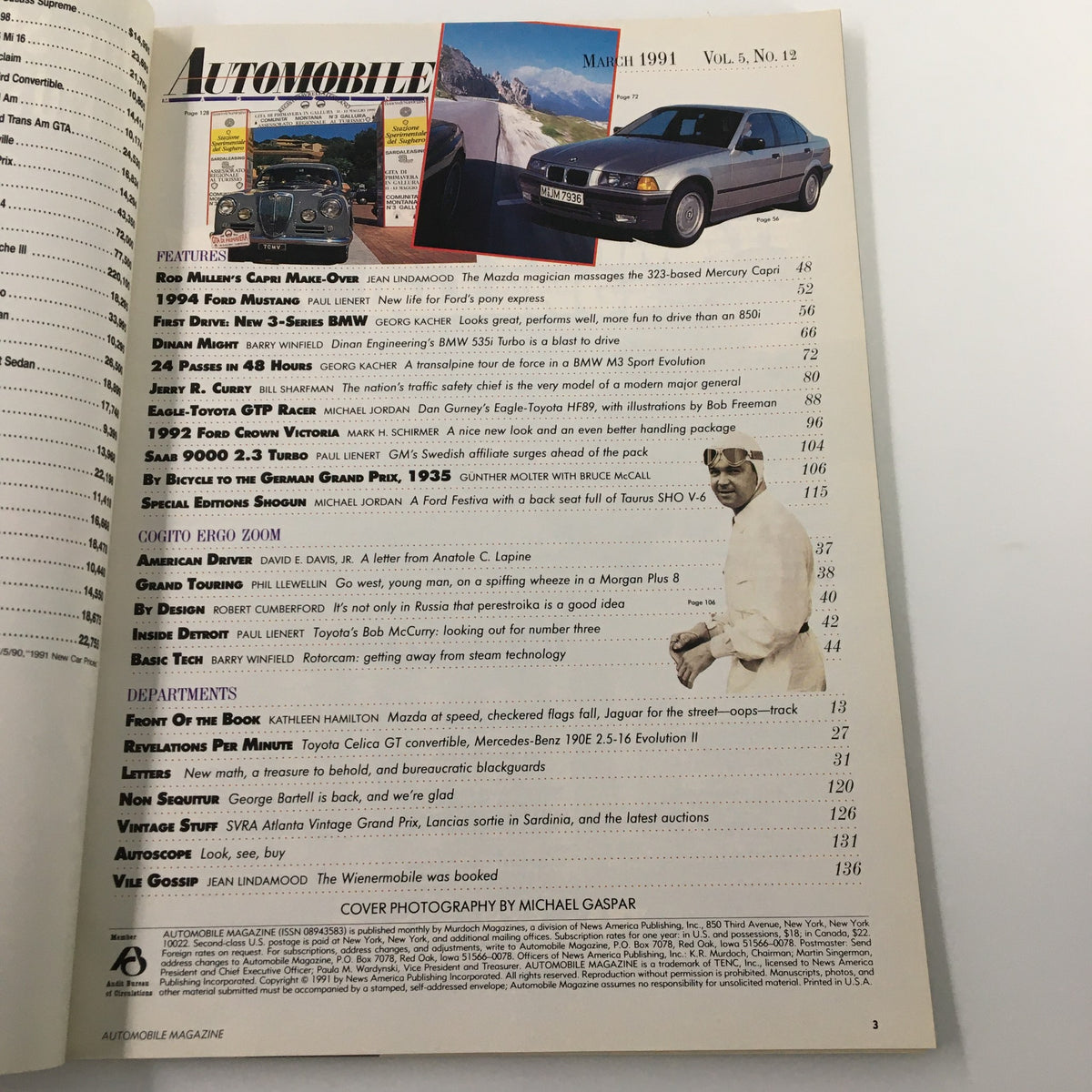 Interior page of the Automobile Magazine March 1991 showcasing contents and features including Rod Millen's Capri makeover and various automobile articles.