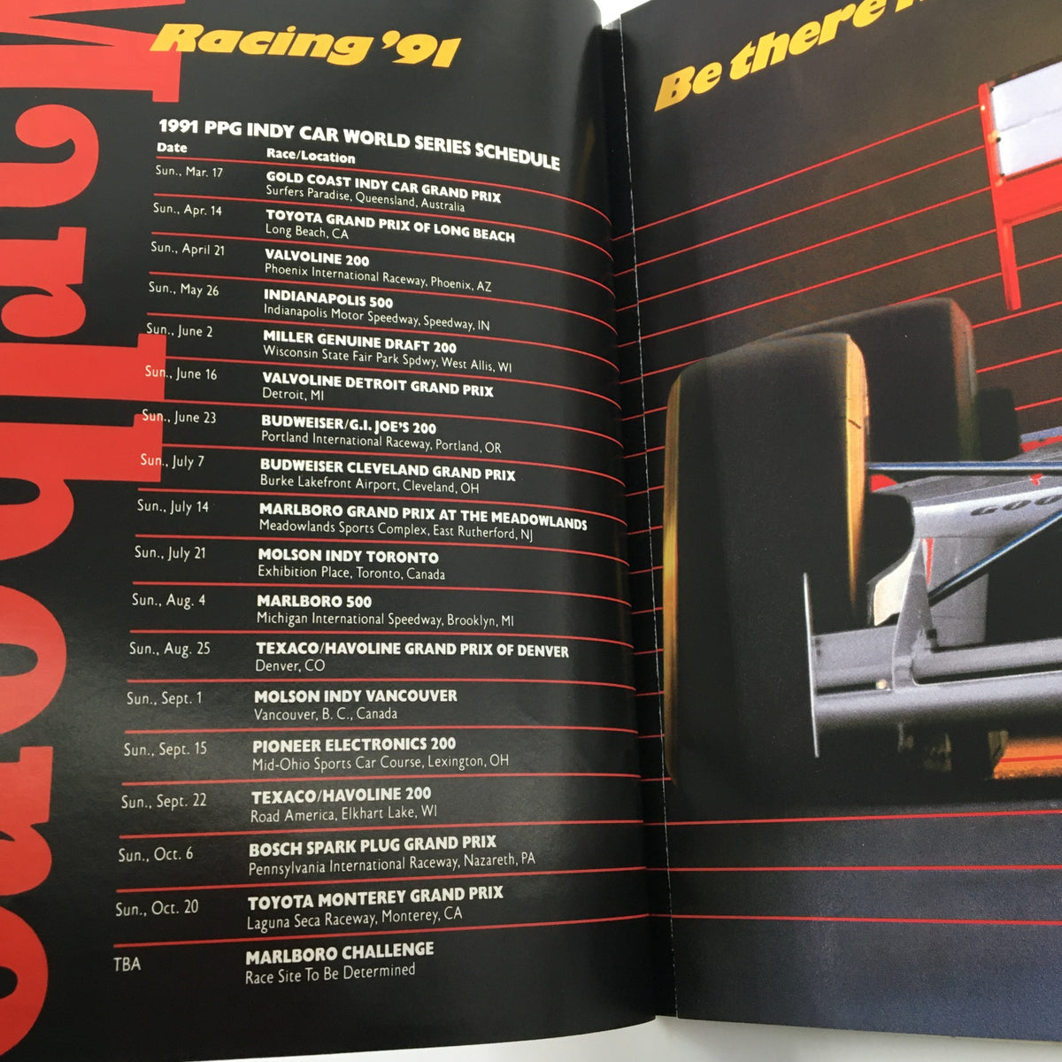 Inside page of Automobile Magazine June 1991 showcasing the 1991 PPG Indy Car World Series schedule, reflecting motorsport events of the time.