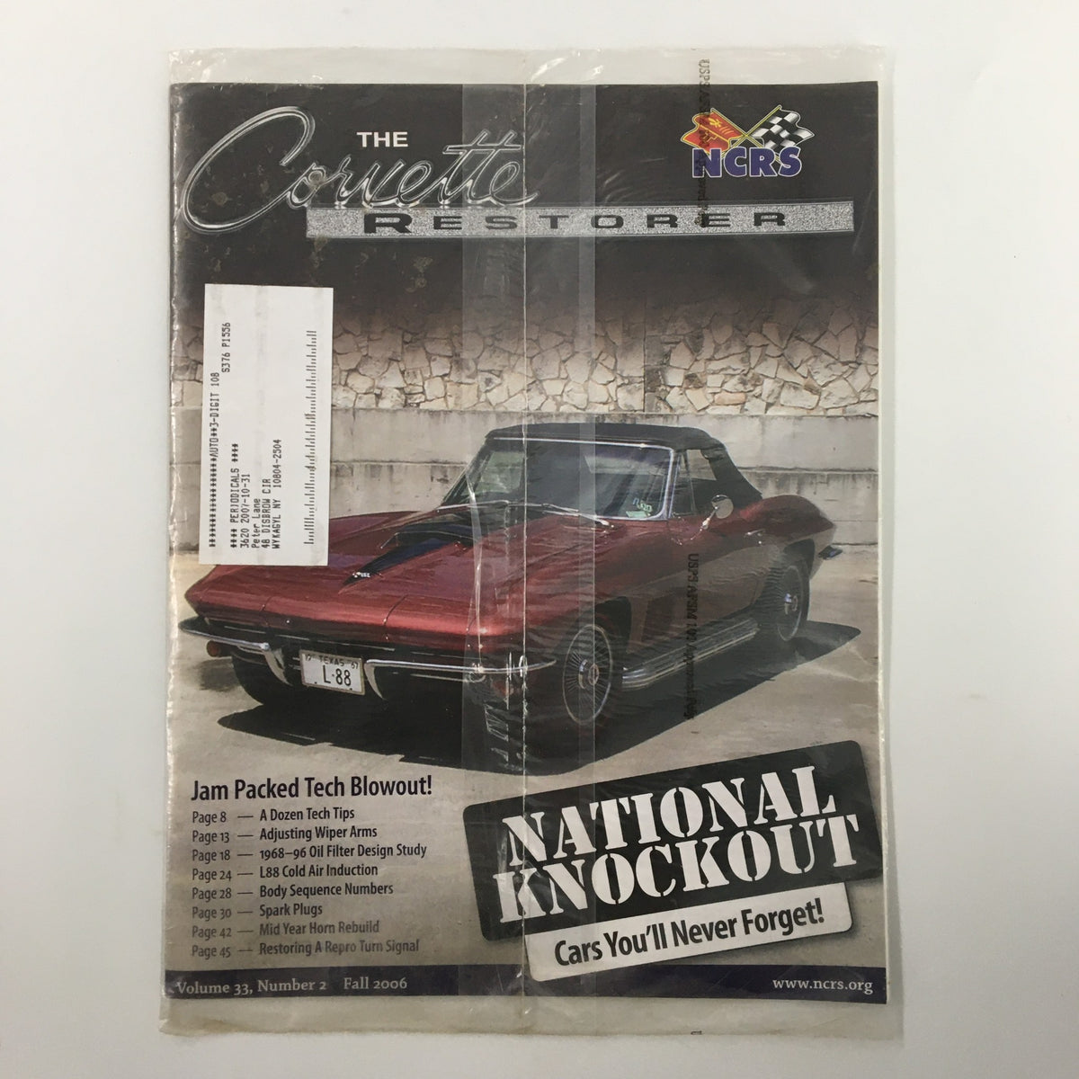 Cover of The Corvette Restorer Magazine Fall 2006 Volume 33 Issue 2 titled "National Knockout Cars" featuring a classic red Corvette, highlighting its iconic design.