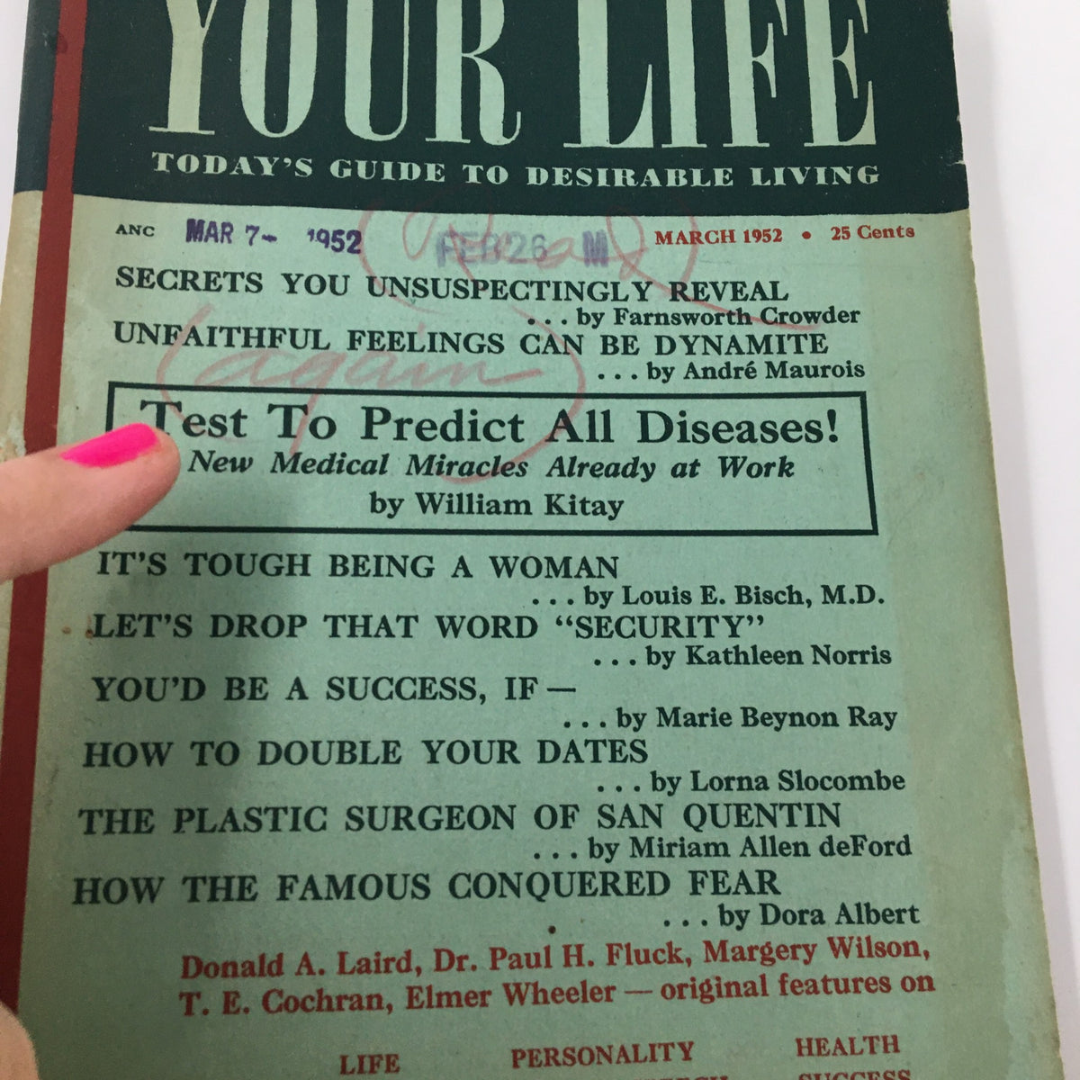 Close-up of the cover of 'VTG Your Life Magazine March 1952' highlighting the article titles like 'It's Tough Being A Woman' and 'Let's Drop That Word "SECURITY"'.