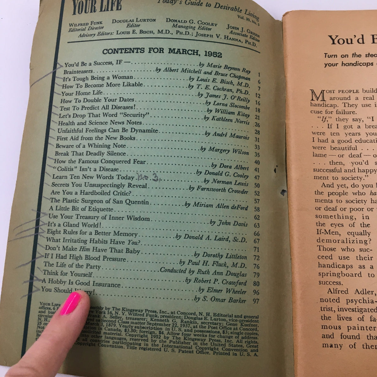 Interior page of 'VTG Your Life Magazine March 1952' showcasing the table of contents with various articles and features, reflecting the era's themes.