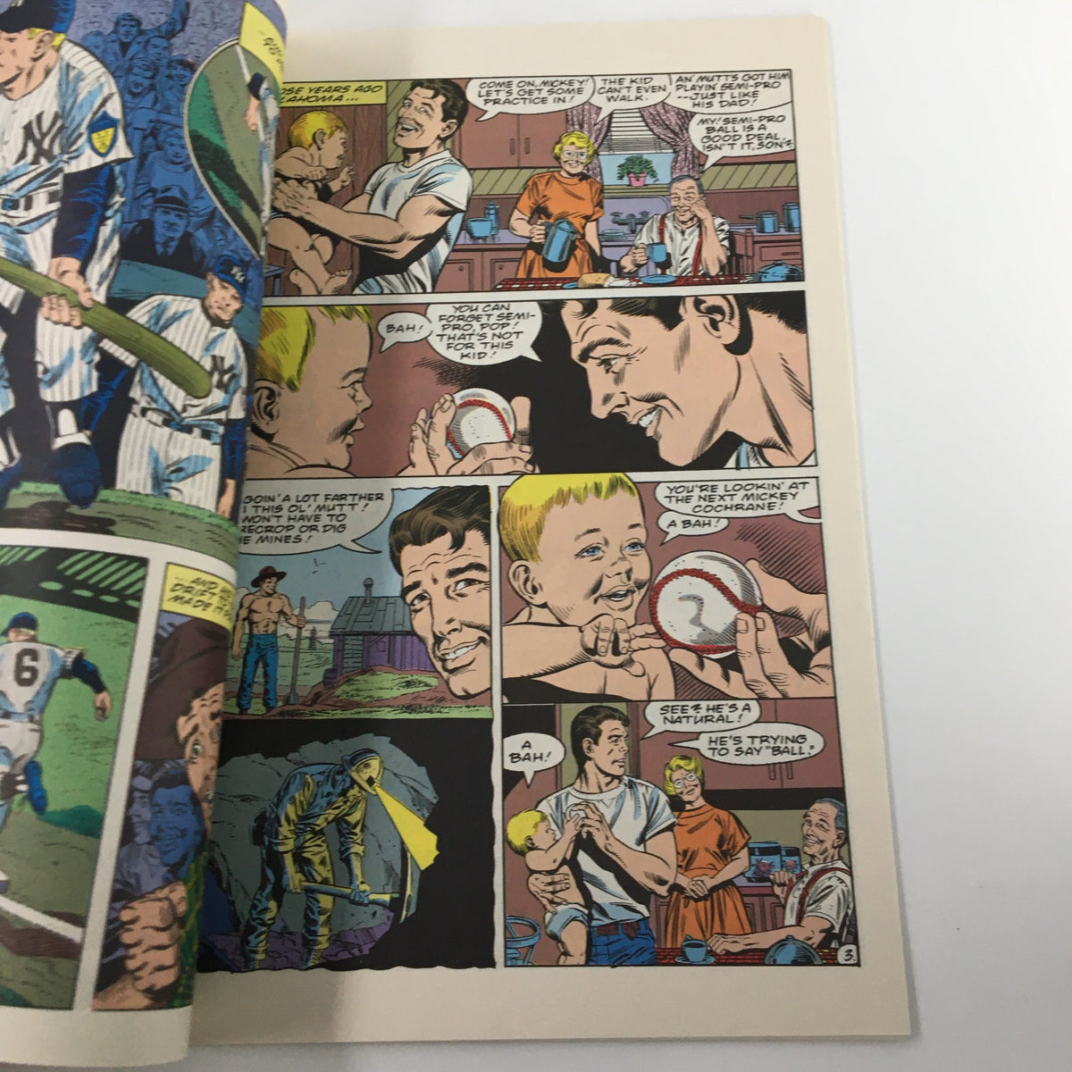 Page from December 1991 First Issue Magnum Comics The Mickey Mantle Story featuring a comic scene with a father and child, showcasing a playful moment while reading.