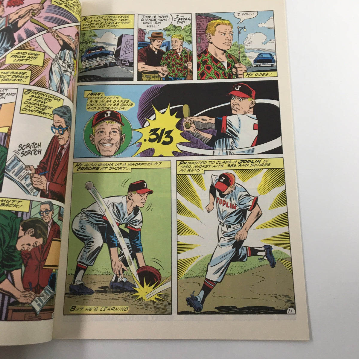 Interior page from December 1991 First Issue Magnum Comics The Mickey Mantle Story, highlighting a character discussing baseball statistics with a humorous twist.