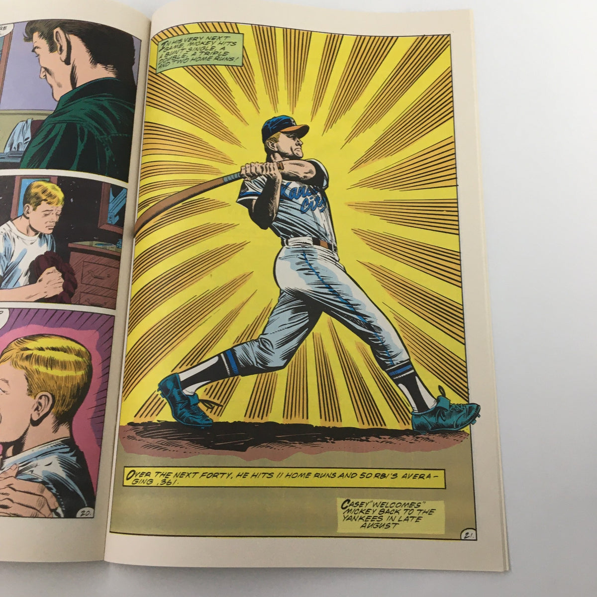 Dynamic illustration from December 1991 First Issue Magnum Comics The Mickey Mantle Story, depicting a baseball player in action, emphasizing swinging a bat with energy.