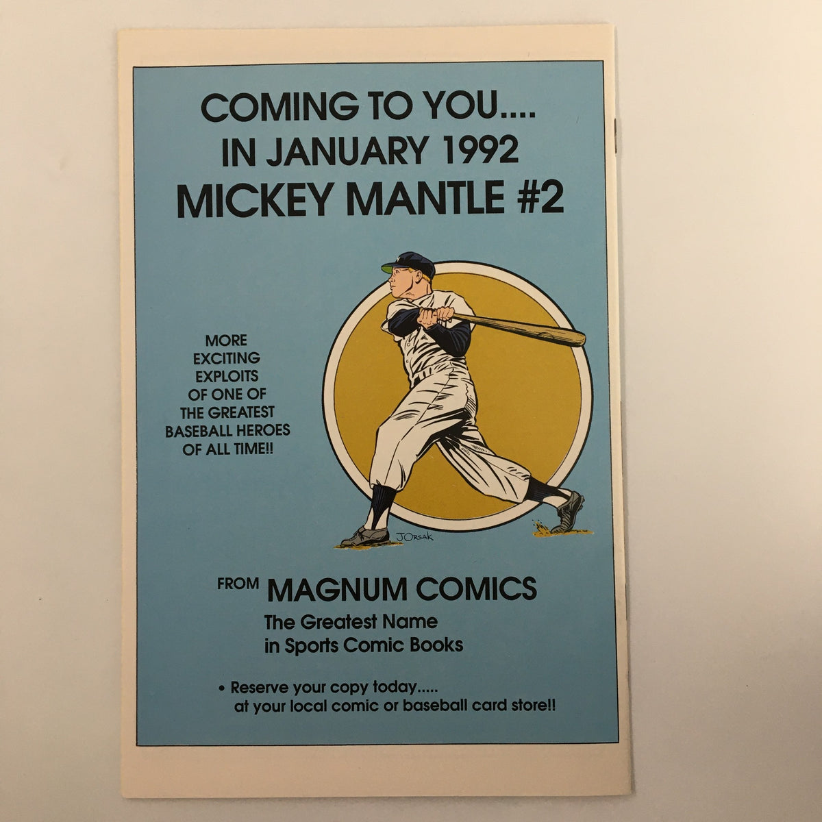 Promotional back cover of December 1991 First Issue Magnum Comics The Mickey Mantle Story, advertising upcoming content about baseball legend Mickey Mantle.