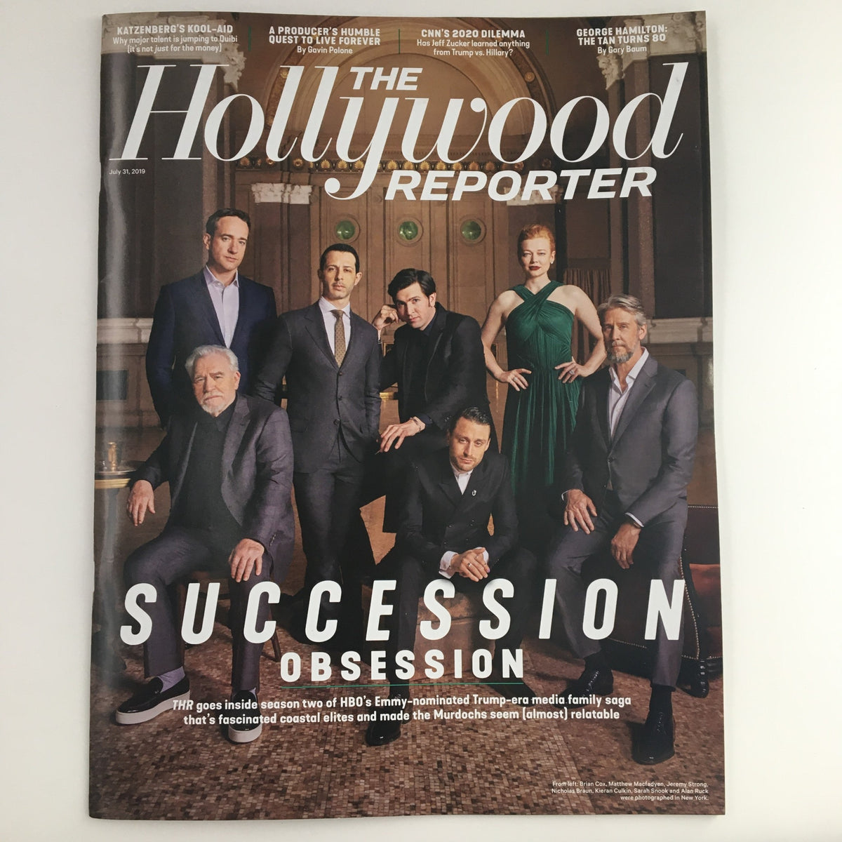 The Hollywood Reporter July 31 2019 cover featuring Brian Cox and Matthew Macfadyen, showcasing the cast of HBO's Succession with a focus on their roles in the series.