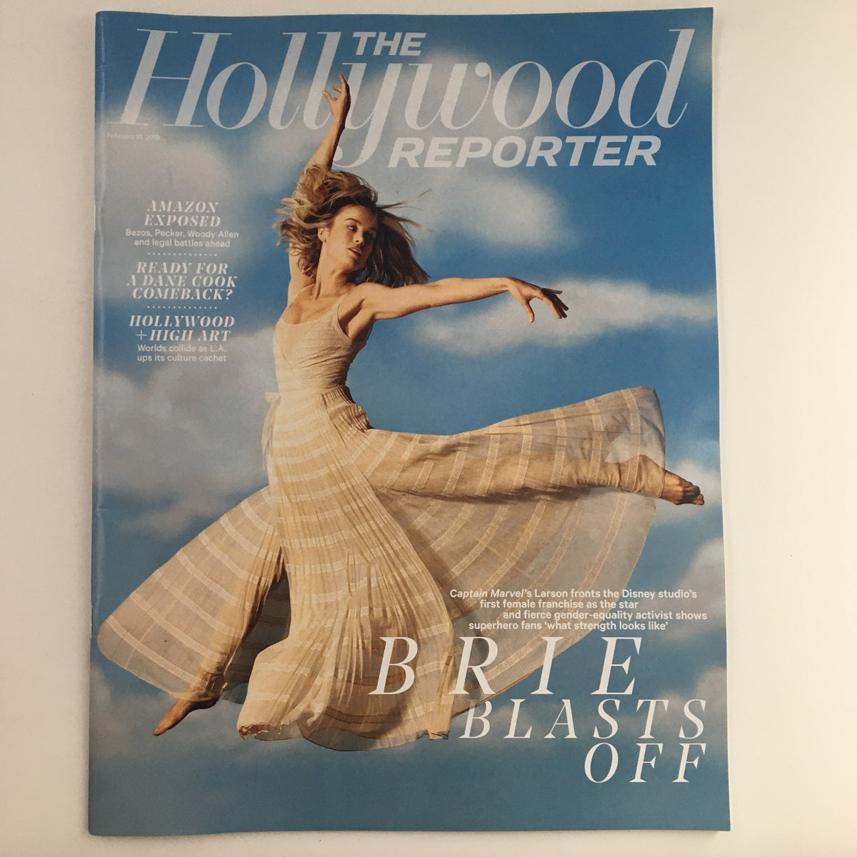 Cover of The Hollywood Reporter February 23 2019 featuring Brie Larson in a flowing dress promoting Captain Marvel, with the title 'Brie Blasts Off'.