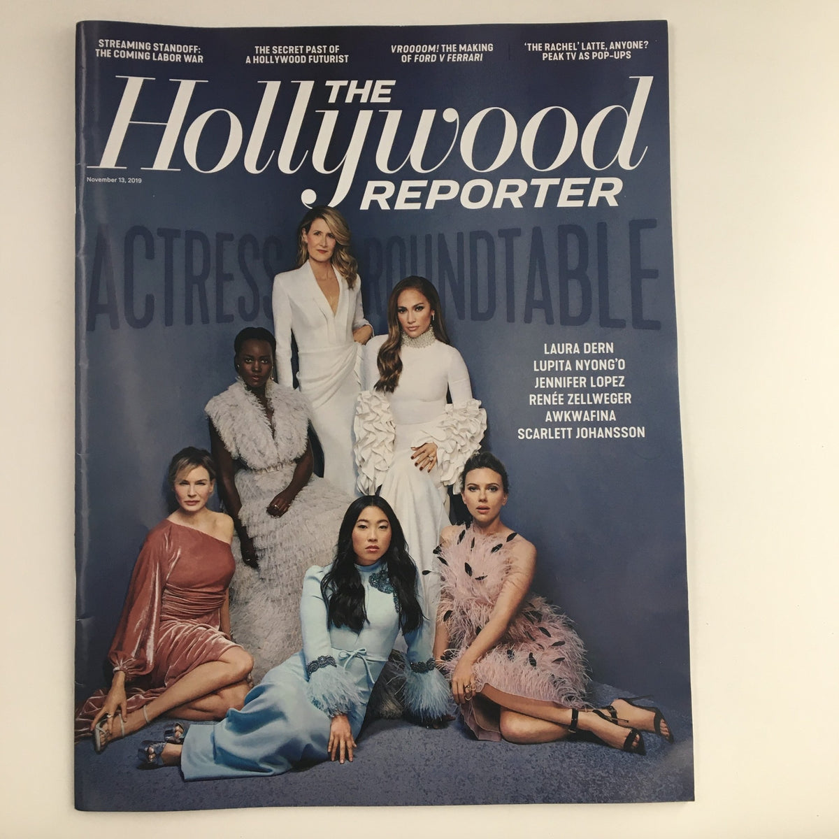 The Hollywood Reporter cover from November 13, 2019, featuring Laura Dern, Lupita Nyong'o, Jennifer Lopez, Renee Zellweger, Awkwafina, and Scarlett Johansson in an actress roundtable discussion.