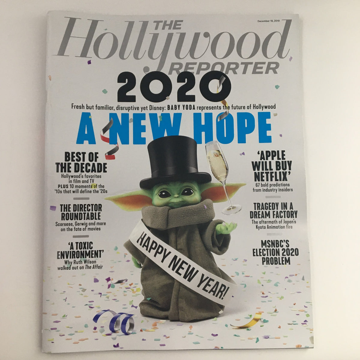 The Hollywood Reporter December 19 2019 featuring Baby Yoda in a New Hope, celebrating New Year 2020 with festive confetti. The magazine is in very good condition and includes a protective covering.