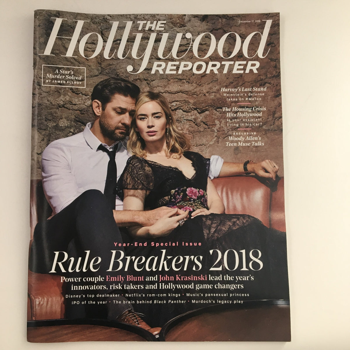 The Hollywood Reporter cover from December 17, 2018 featuring power couple Emily Blunt and John Krasinski, showcasing the Year-End Special Issue titled 'Rule Breakers 2018', highlighting their impact as innovators and Hollywood game changers.