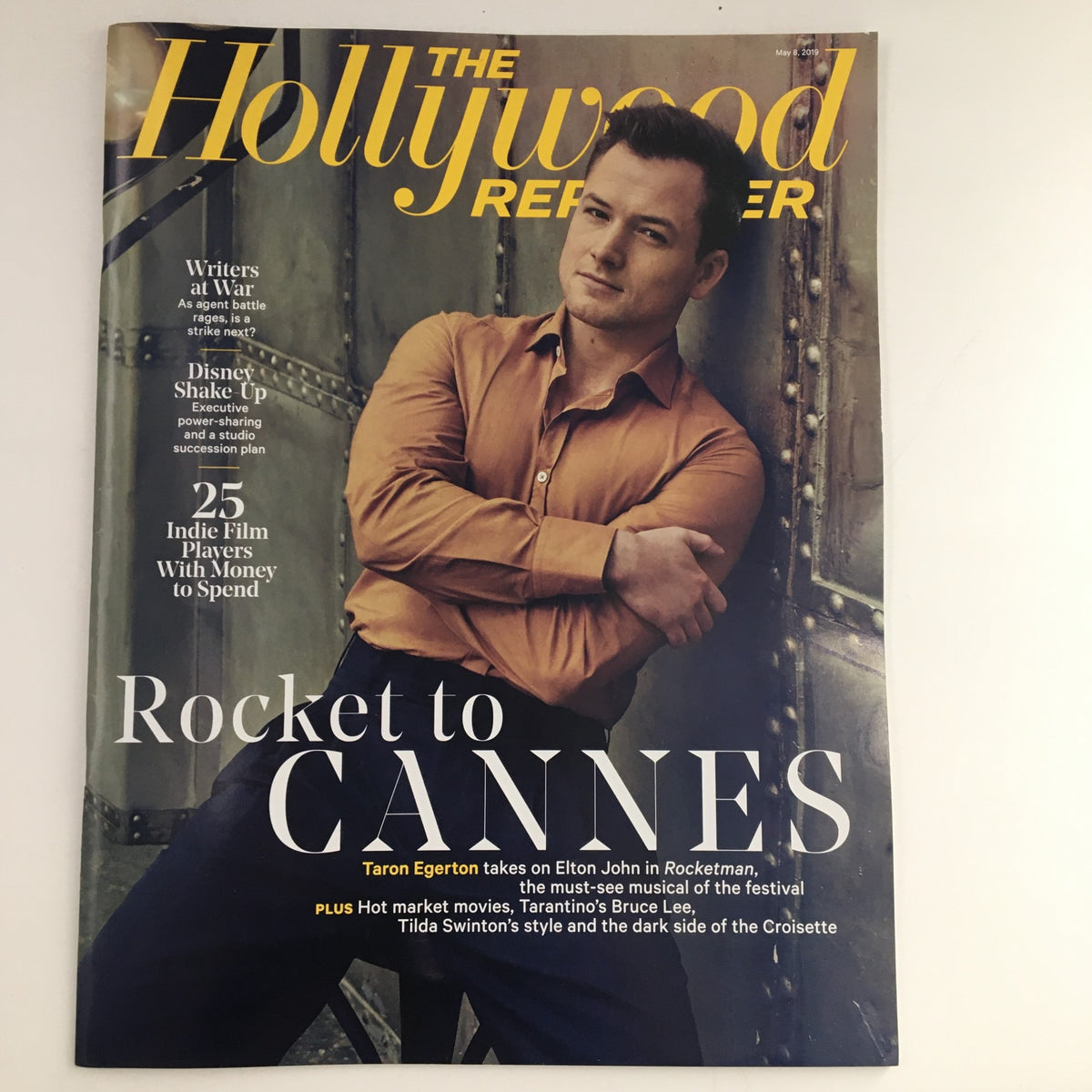The Hollywood Reporter May 8 2019 cover featuring Taron Egerton and Tilda Swinton, highlighting the issue's focus on cinema with emphasis on Egerton's role in Rocketman.