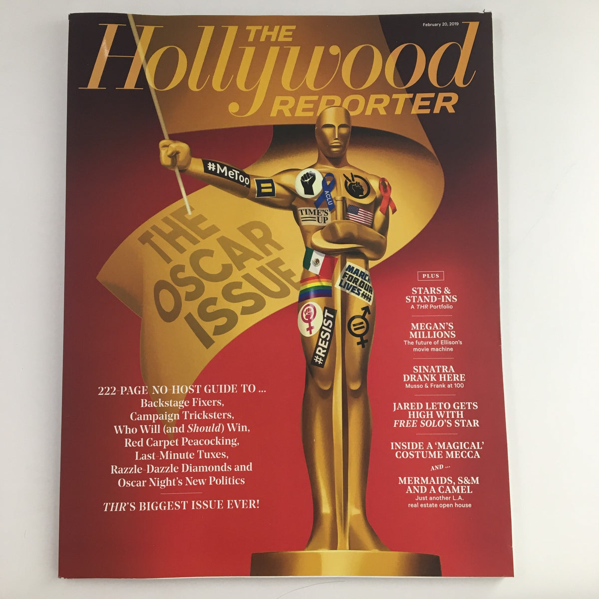 The Hollywood Reporter February 20 2019 Frank Sinatra & Oscar Issue cover featuring an Oscar statuette with various political statements and hashtags, highlighting the Oscars and cultural commentary.