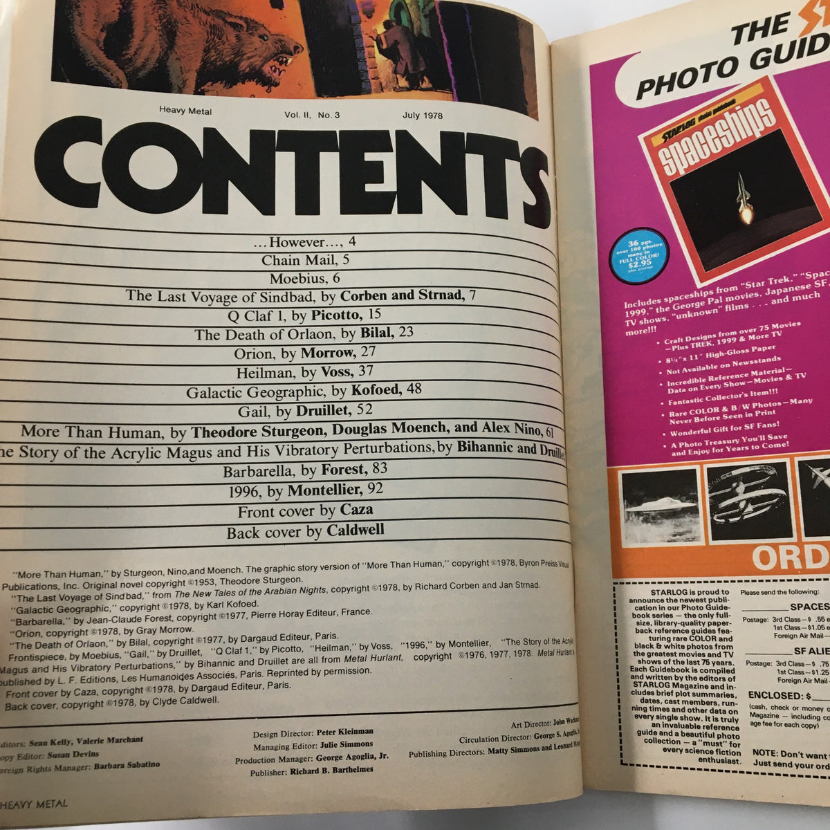 Contents page of VTG Heavy Metal Magazine July 1978 Vol II #3 detailing featured stories including 'The Death of Orlaon', with vibrant illustrations, showcasing the magazine's eclectic mix of fantasy and sci-fi.