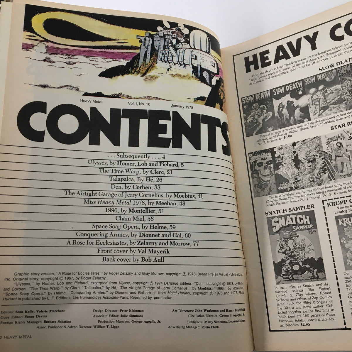 Contents page of VTG Heavy Metal Magazine January 1978, listing notable stories including 'A Rose for Ecclesiastes,' highlighting the unique blend of graphic storytelling and art.