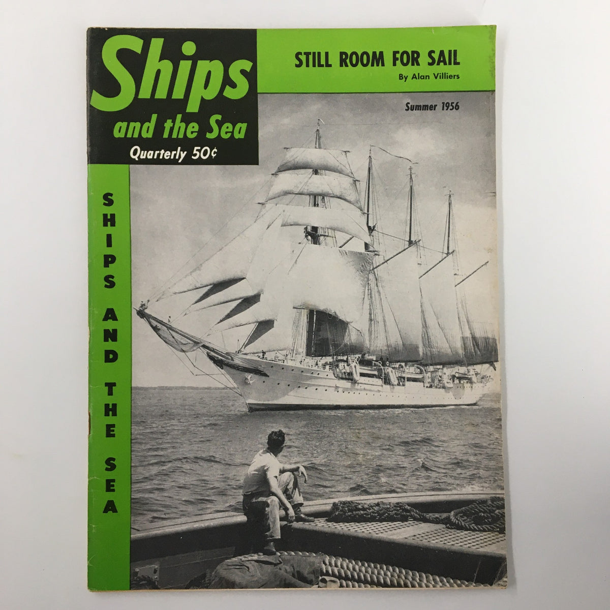 Vintage magazine cover of Ships and the Sea, Summer 1956 edition, featuring the iconic Juan Sebastian de Elcano ship, showcasing maritime exploration.