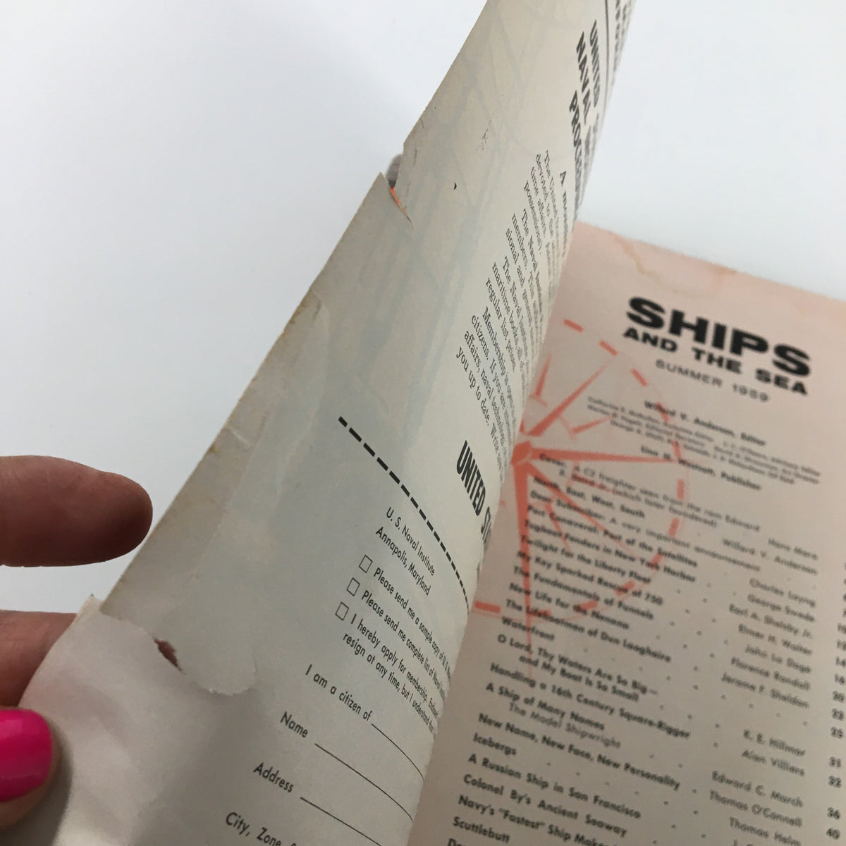 Close-up of the edge of Ships and the Sea Magazine Summer 1959, revealing wear and vintage character, emphasizing its collectible nature within maritime history.