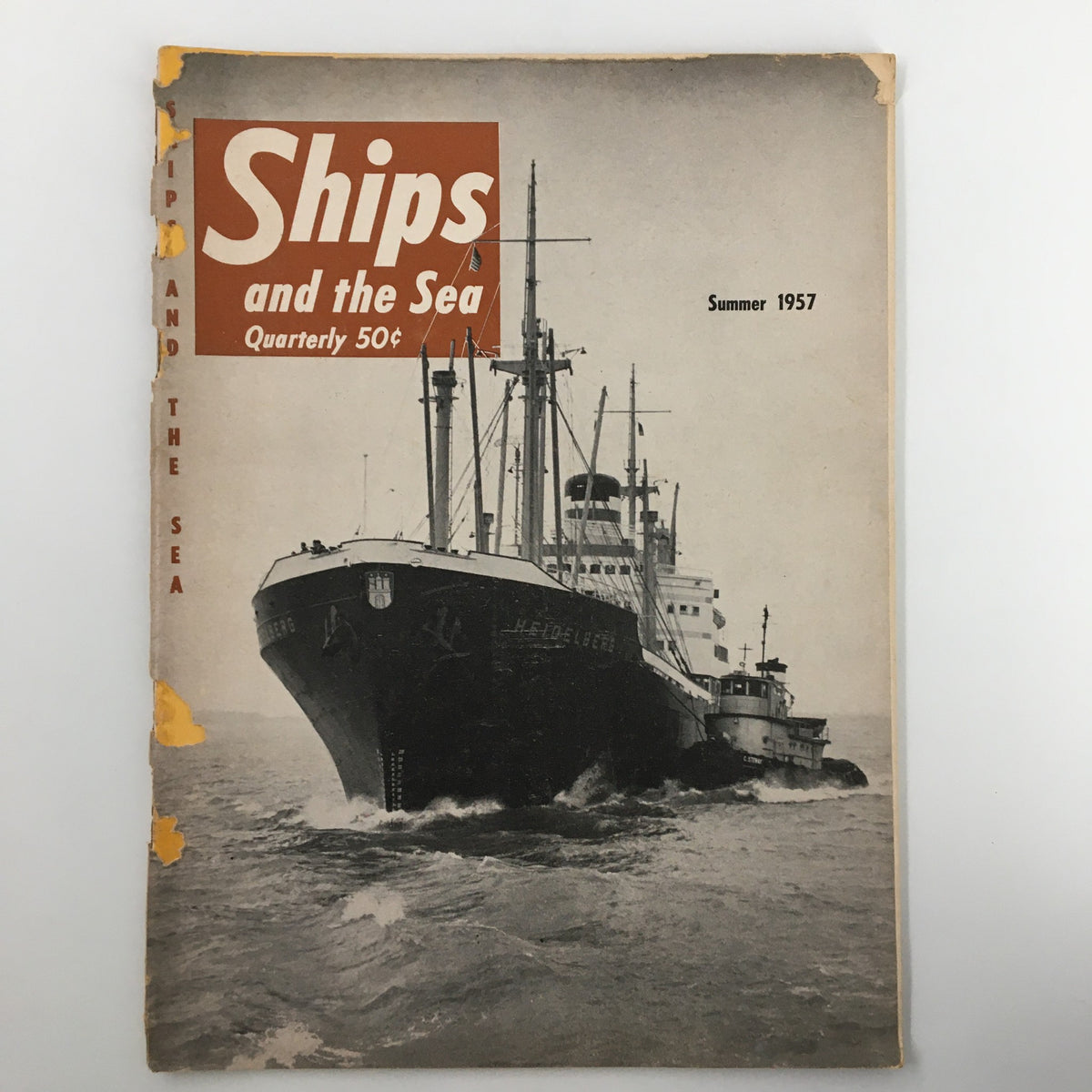 Cover of Ships and the Sea Magazine Summer 1957 featuring the ship Heidelberg, showcasing maritime culture and vintage magazine appeal.