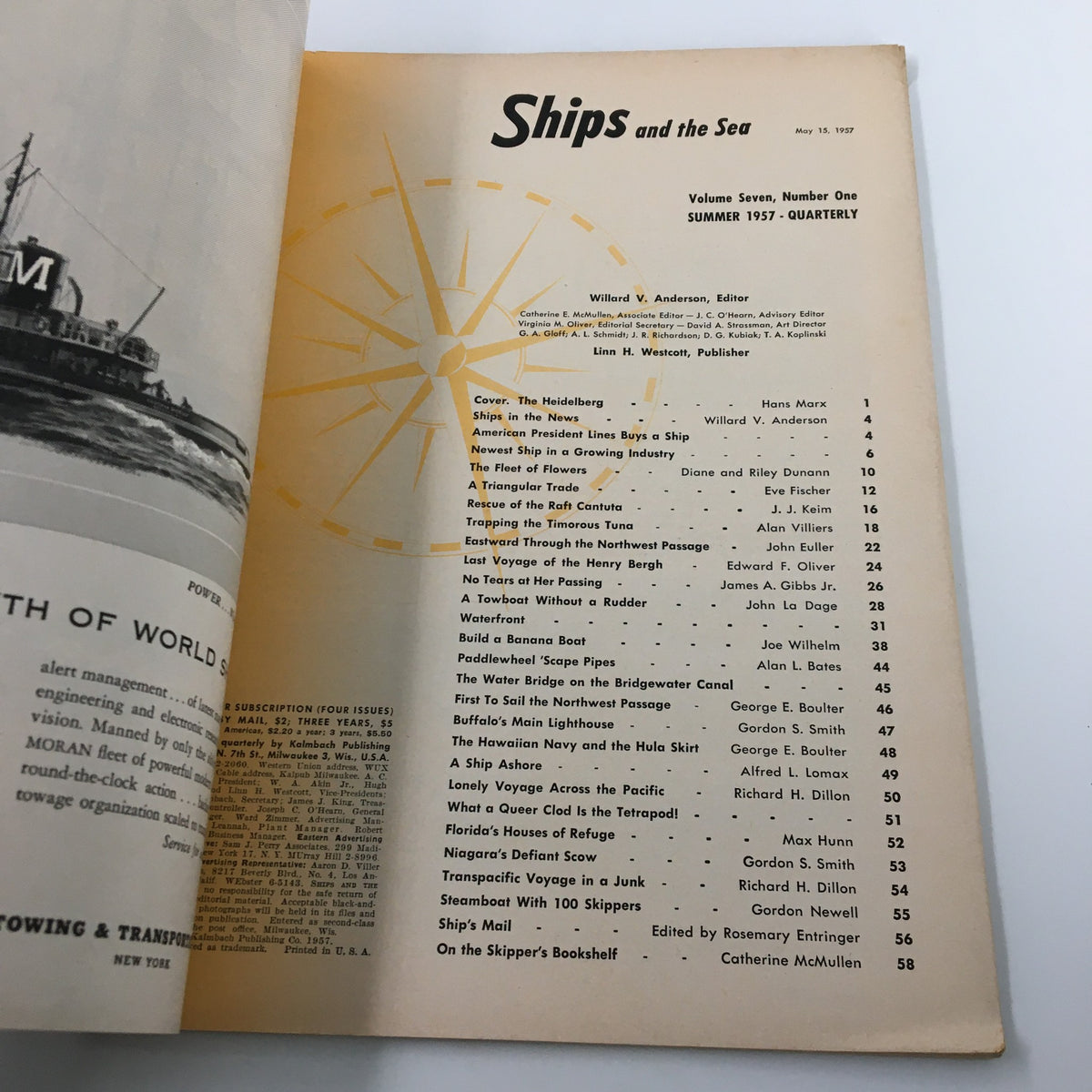Inside page of VTG Ships and the Sea Magazine Summer 1957 The Heidelberg featuring the table of contents and maritime illustrations.