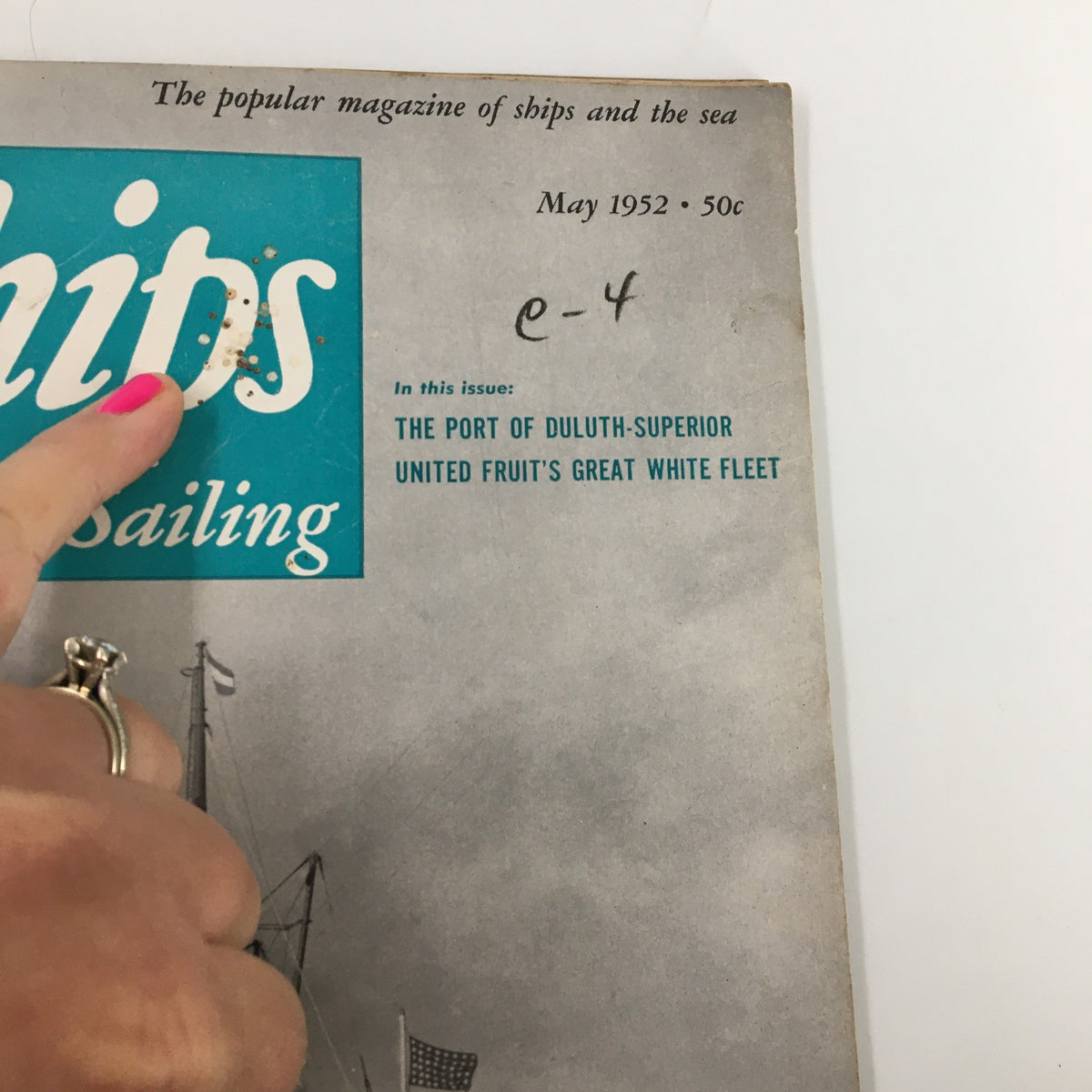 Detailed view of the magazine title 'Ships and Sailing' from May 1952, emphasizing the maritime focus on the United Fruit Company's fleet.