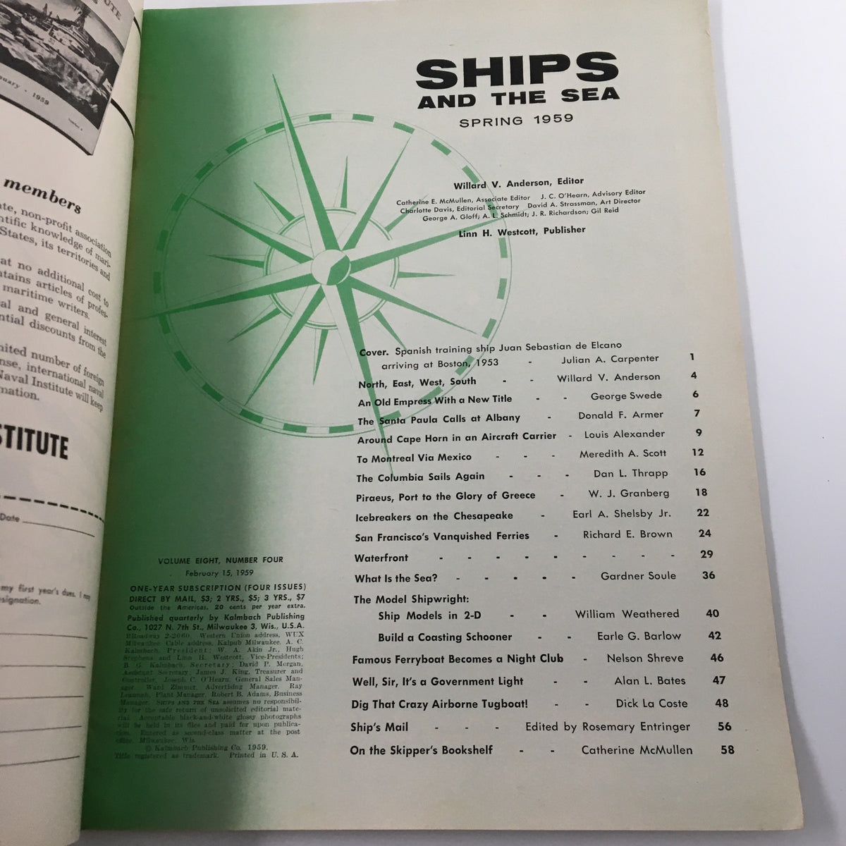 Inside page of VTG Ships and the Sea Magazine Spring 1959 displaying the table of contents, highlighting articles related to maritime adventures.