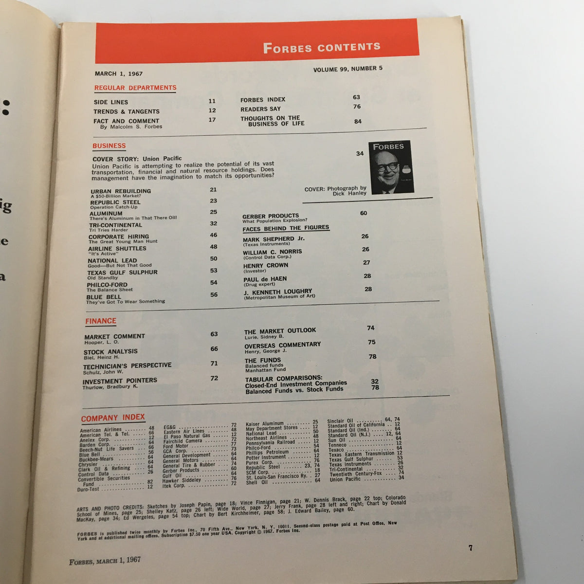 Contents page of VTG Forbes Magazine March 1 1967, displaying the table of contents including the Union Pacific Railroad cover story by Frank Barnett.