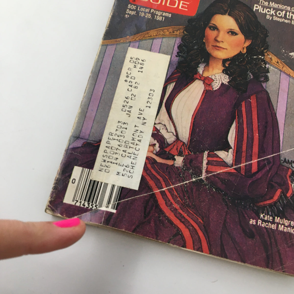 Close-up view of the vintage TV Guide Magazine September 19 1981 featuring Kate Mulgrew, highlighting the age-related imperfections and collector's authenticity.