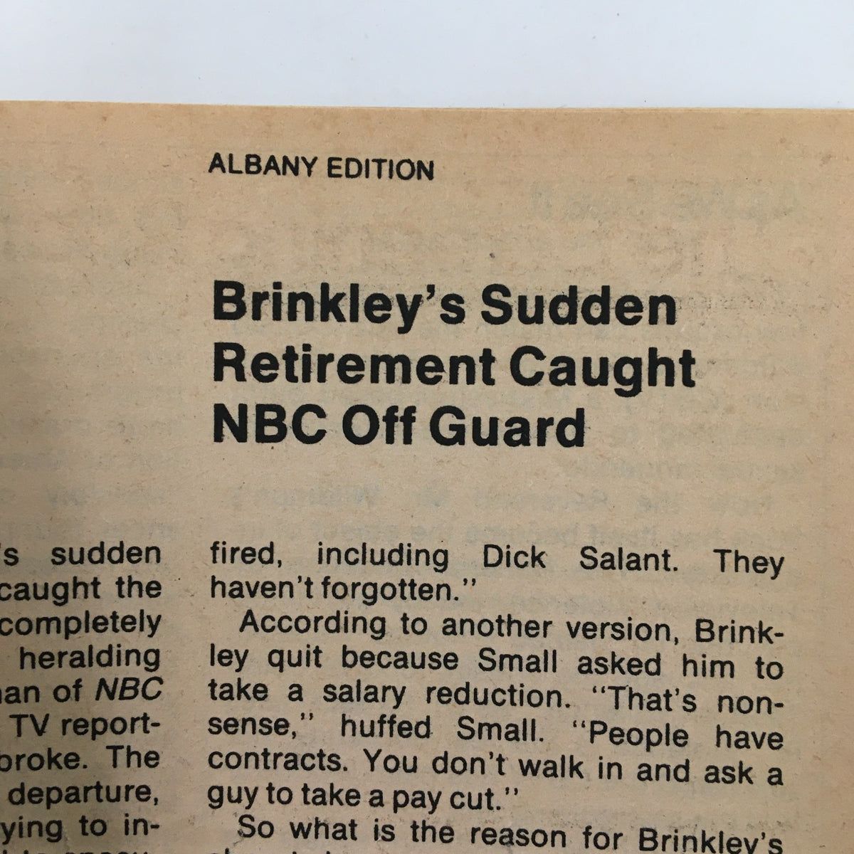 Text page from the VTG TV Guide Magazine September 19 1981, titled 'Brinkley's Sudden Retirement Caught NBC Off Guard,' providing insight into television history and events from the '80s.