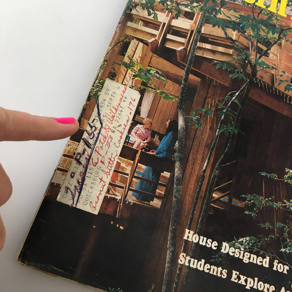 Close-up of the cover of VTG Southern Living Magazine September 1974, highlighting the handwritten notes and details on the front, including 'House Designed for a Hillside' and 'Students Explore Appalachia'.