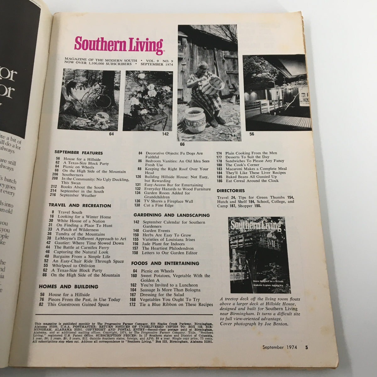 Inside page of VTG Southern Living Magazine September 1974 displaying the contents, with featured articles and topics related to southern living and architecture.