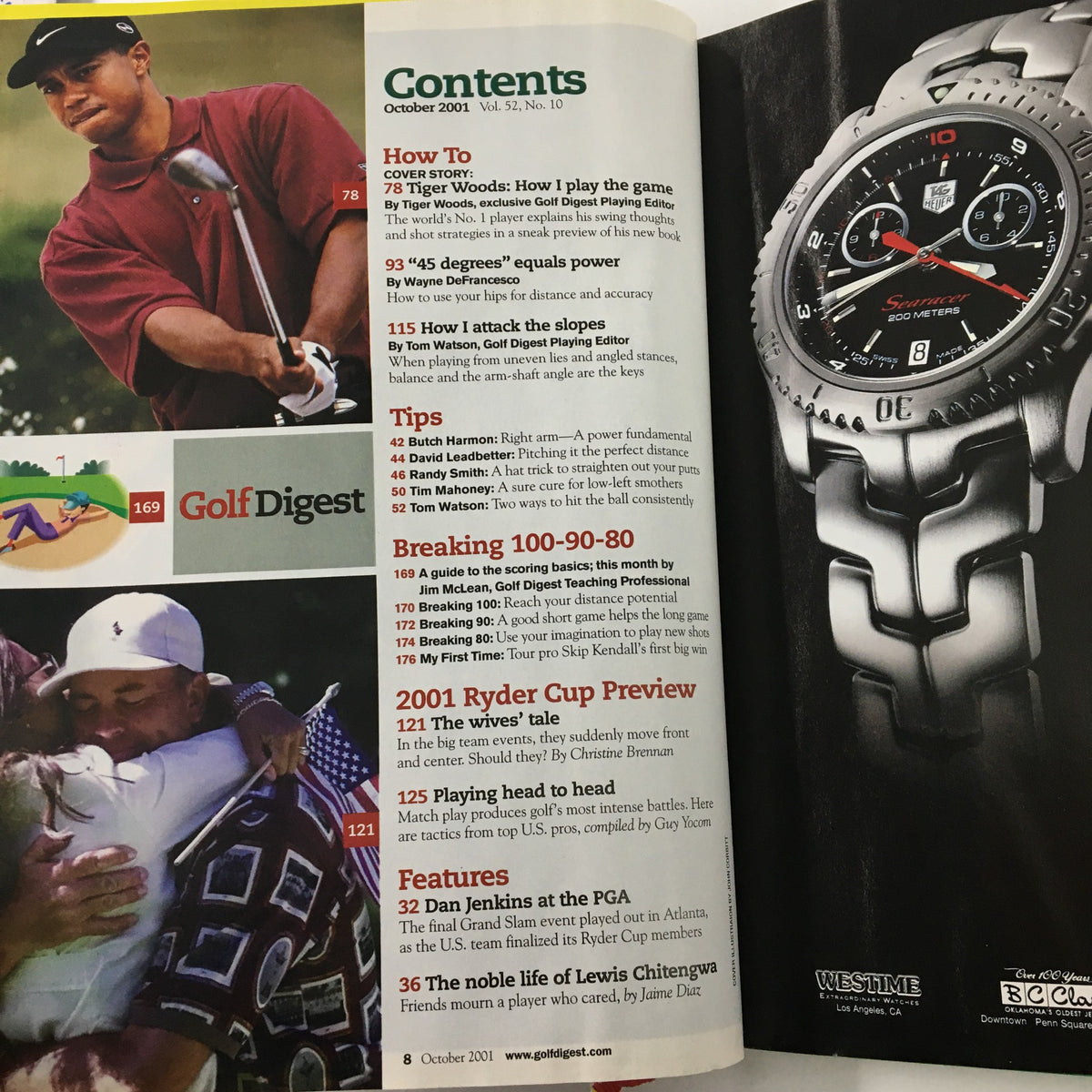 Contents page of Golf Digest Magazine October 2001, highlighting articles including 'How Tiger Woods How I Play The Game' and covering features such as the 2001 Ryder Cup Preview.