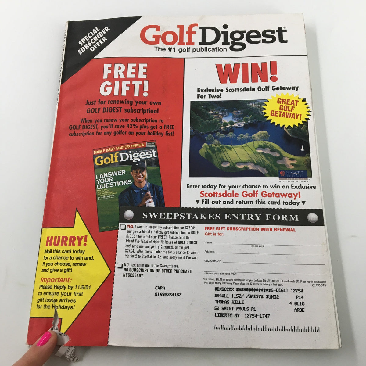 Back cover of Golf Digest Magazine October 2001 displaying a special subscriber offer and a sweepstakes entry for a chance to win a golf getaway, emphasizing its collectible value.