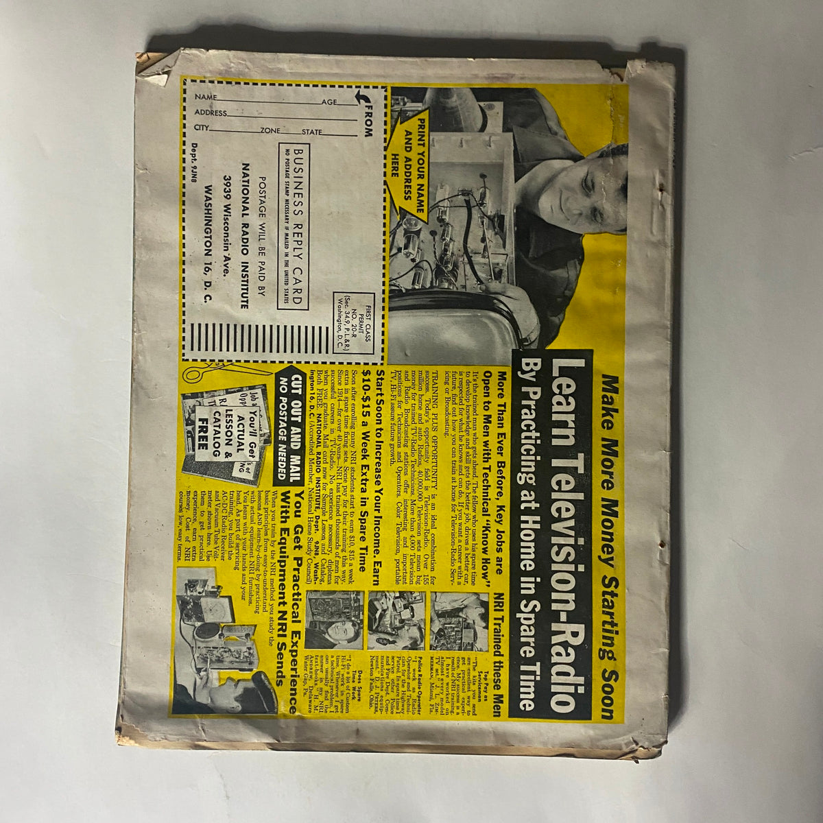 Back cover of VTG Whisper Magazine September 1959 with advertisements and promotions related to home training and job opportunities in trades.