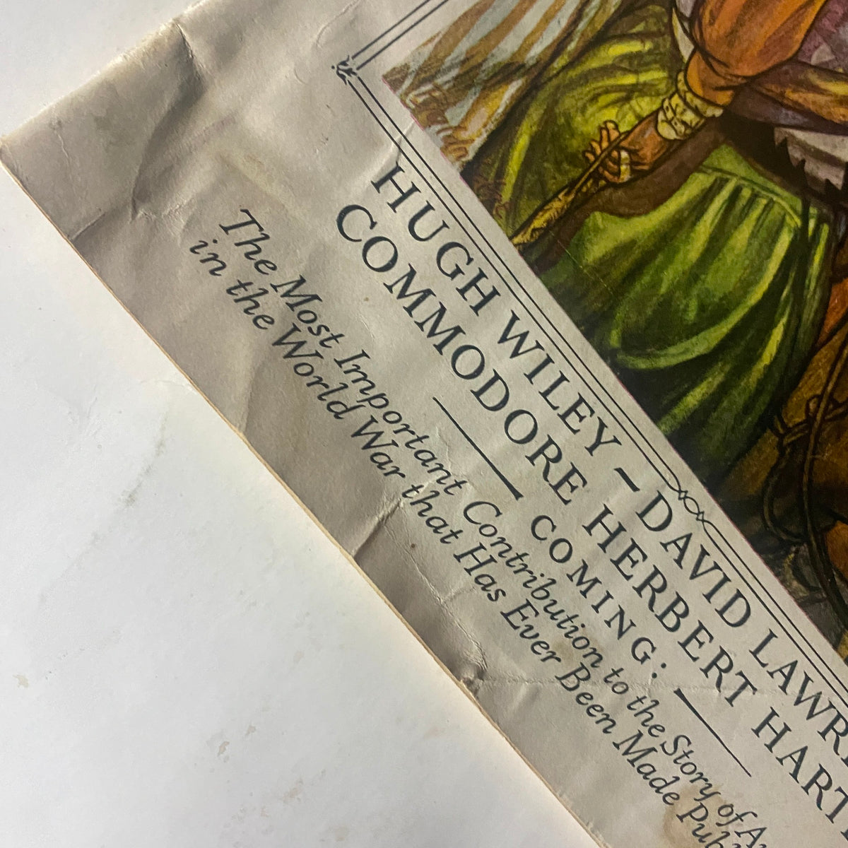 Close-up detail of the cover text from the VTG The American Legion Magazine October 1930, highlighting authors Hugh Wiley, David Lawrence, and Commodore Herbert Hartley.