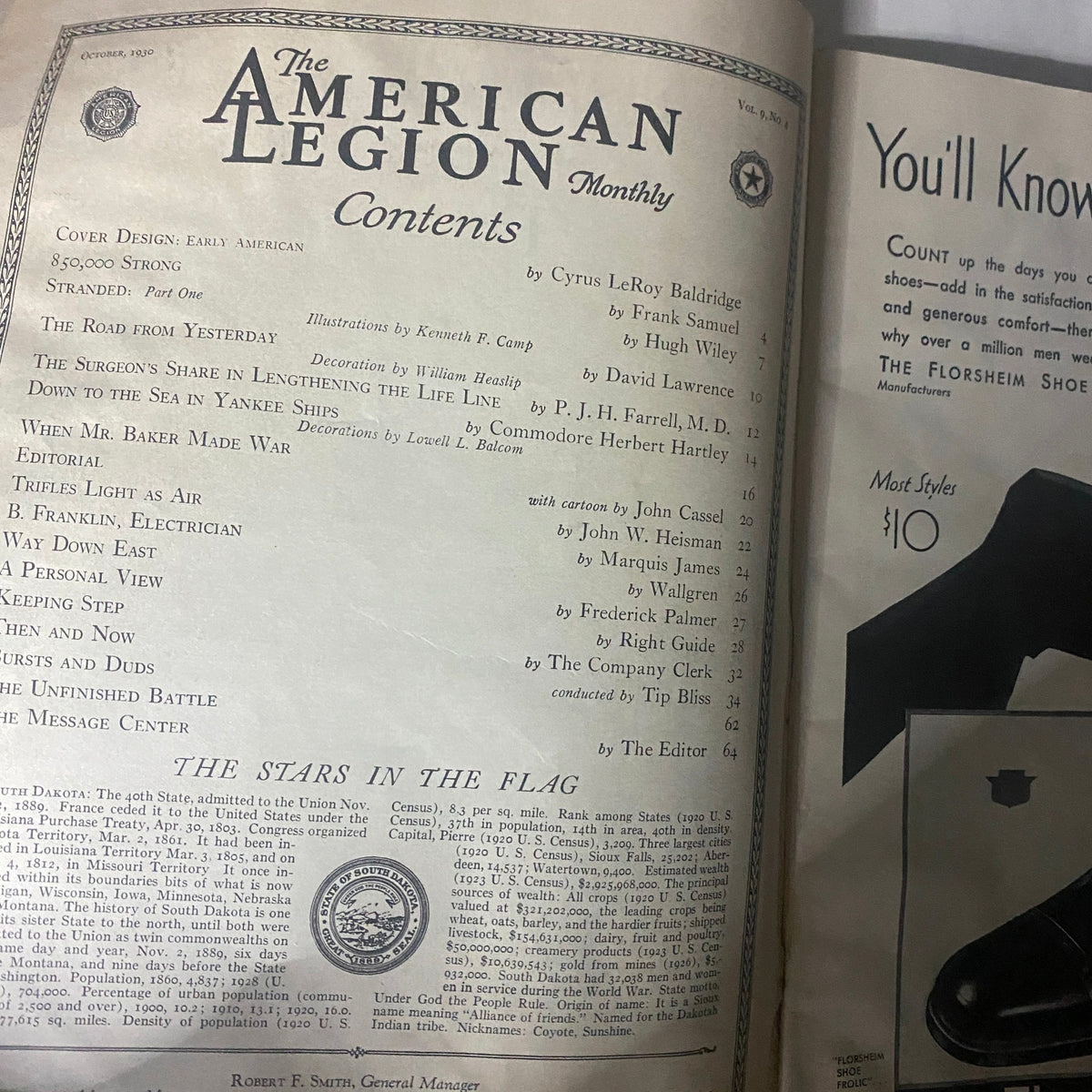 Table of contents page from the VTG The American Legion Magazine October 1930, showcasing articles and notable features of this vintage edition.