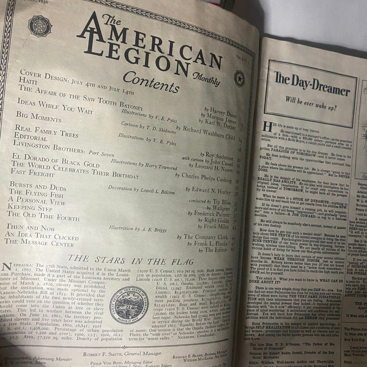 Interior page of VTG The American Legion Magazine July 1930 displaying the table of contents and article titles, providing insight into the magazine's features.