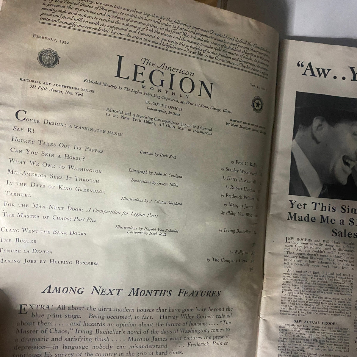 Interior page of VTG The American Legion Magazine February 1932 showing the table of contents and articles highlighting American history.