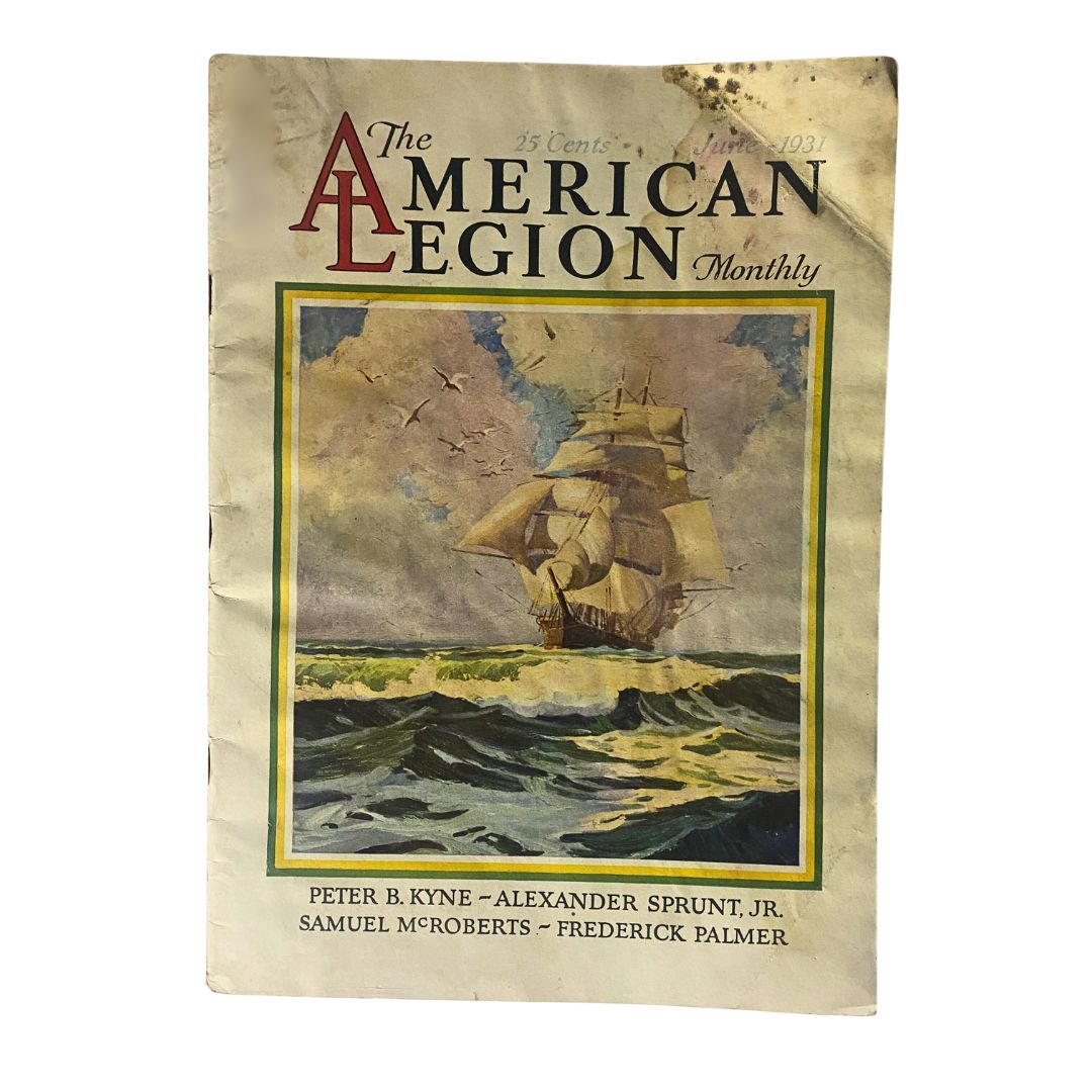 Cover of VTG The American Legion Magazine June 1931 showcasing a ship at sea with vibrant colors and historical significance.