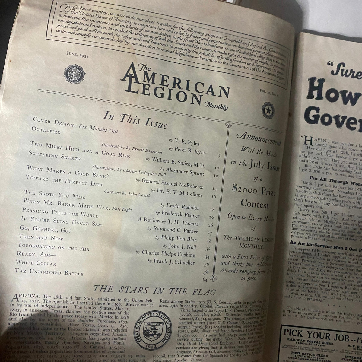 Interior page of VTG The American Legion Magazine from June 1931, featuring table of contents and article titles along with illustrations.